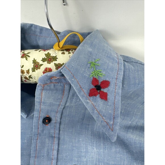 Vintage 60s/70s Hand Embroidered Chambray Shirt Palm Tree Sears Put-on Shop - Picture 10 of 14